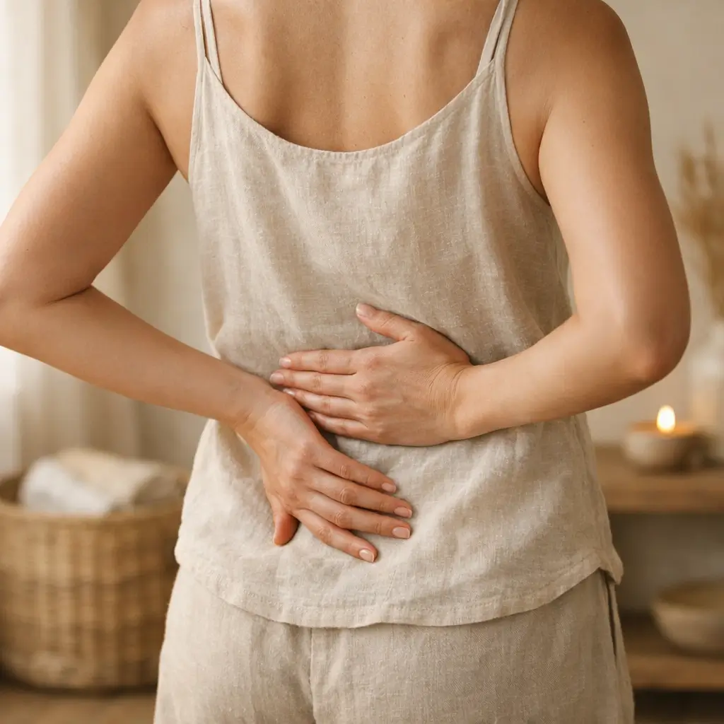 Massage du dos et prévention des tensions – prendre soin de son dos durablement Geste de prévention pour le bien-être du dos, illustrant l’attention portée à la zone lombaire dans une démarche de soin et d’équilibre corporel à l’Espace Ginko à Monflanquin