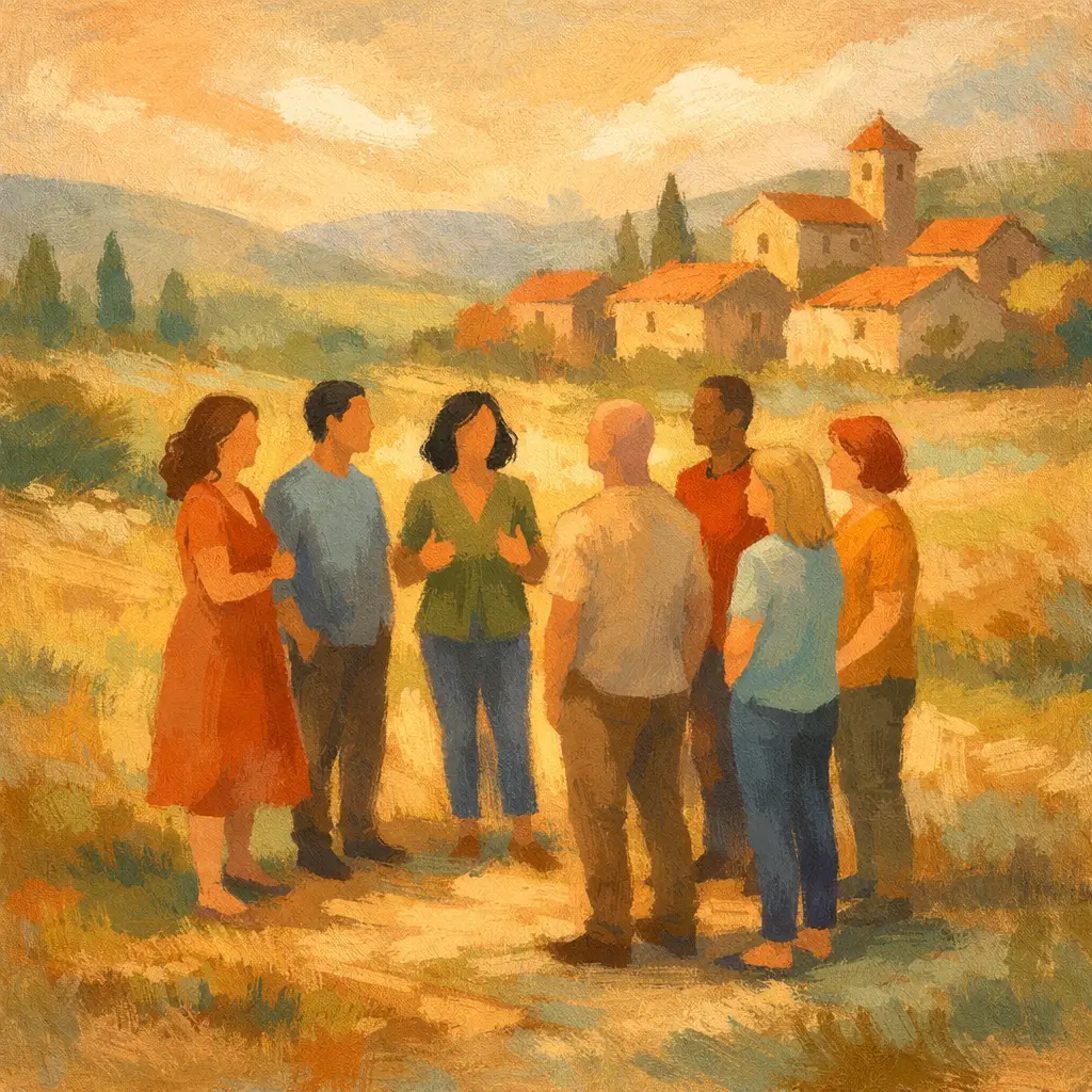 Atelier d’épanouissement personnel en groupe à l’Espace Ginko – Monflanquin Lot-et-Garonne Petit groupe d’adultes participant à un atelier d’épanouissement personnel en extérieur, proposé à l’Espace Ginko à Monflanquin dans le Lot-et-Garonne