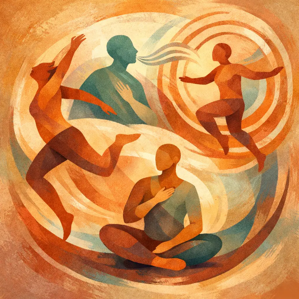 Les dimensions d’un atelier théâtre bien-être – Jeu, voix et mouvement à Monflanquin Illustration de silhouettes exprimant le jeu, la respiration, le mouvement et le rythme lors d’un atelier Les Ruelles du Théâtre à l’Espace Ginko dans le Lot-et-Garonne