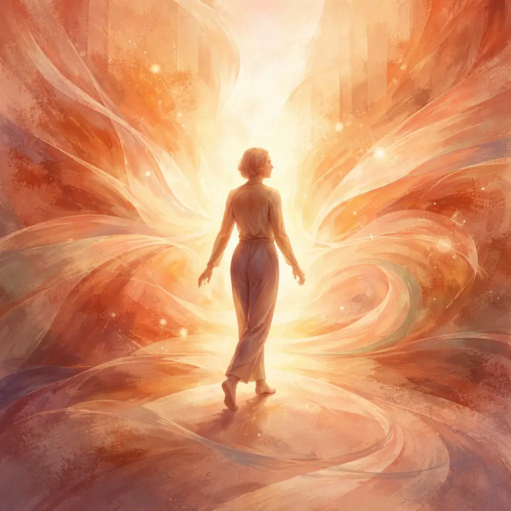 Oser être soi grâce au théâtre – Atelier Les Ruelles du Théâtre à Monflanquin Silhouette lumineuse avançant avec confiance, symbolisant l’expression authentique et le mieux-être à travers l’atelier théâtre Les Ruelles du Théâtre à l’Espace Ginko dans le Lot-et-Garonne