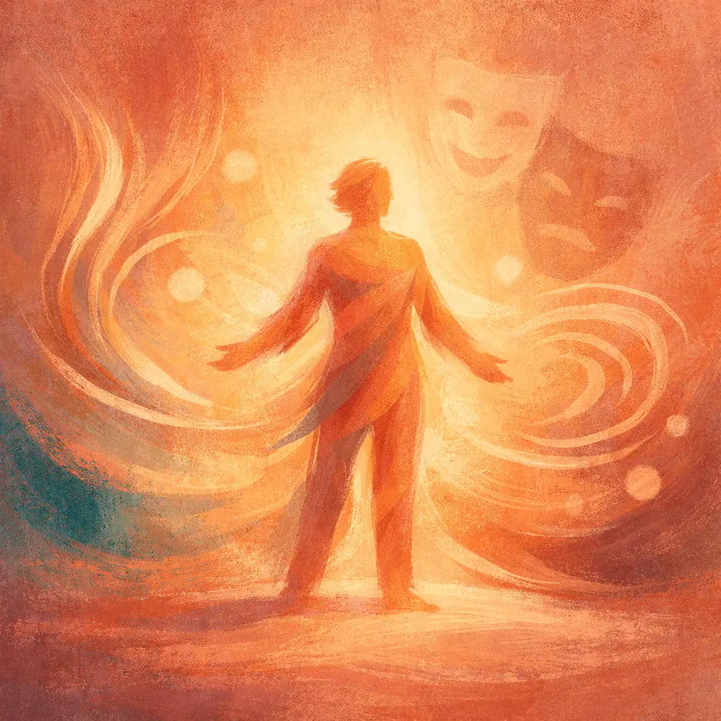 Théâtre et mieux-être à l’Espace Ginko – Atelier d’expression et de confiance à Monflanquin Silhouette lumineuse explorant le mouvement et l’expression de soi, symbolisant le théâtre comme chemin de mieux-être et de confiance à l’Espace Ginko à Monflanquin