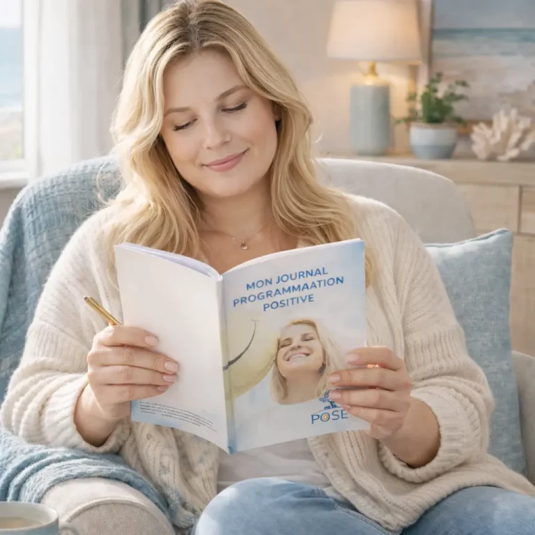Femme lisant un journal de programmation positive pour améliorer son bien-être, gérer ses émotions et accompagner une perte de poids naturelle à Monflanquin