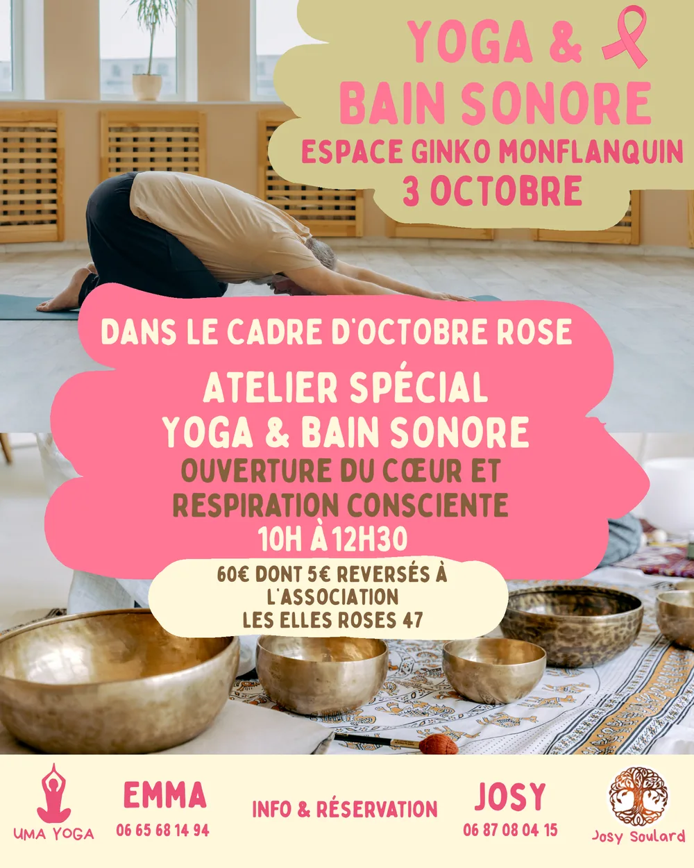 Affiche de l’atelier yoga et bain sonore Octobre Rose du 3 octobre 2026 à l’Espace Ginko de Monflanquin